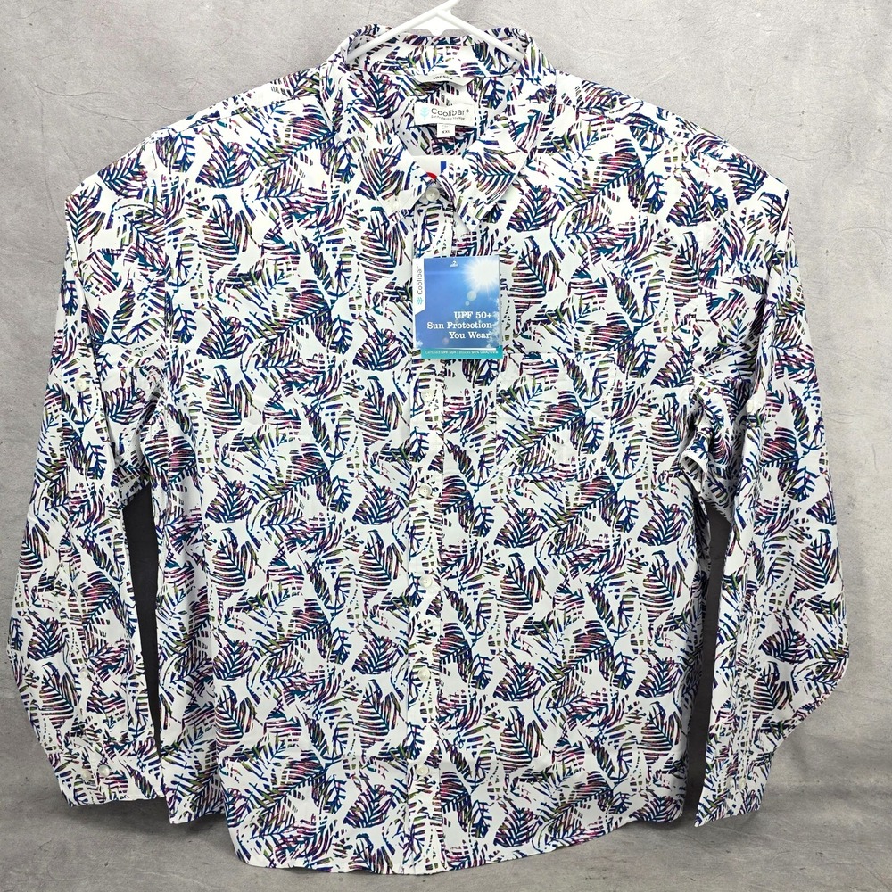 Coolibar Long Sleeve‎ Mens Aricia Sun Shirt 2XL White Beach Leaves UPF 50+